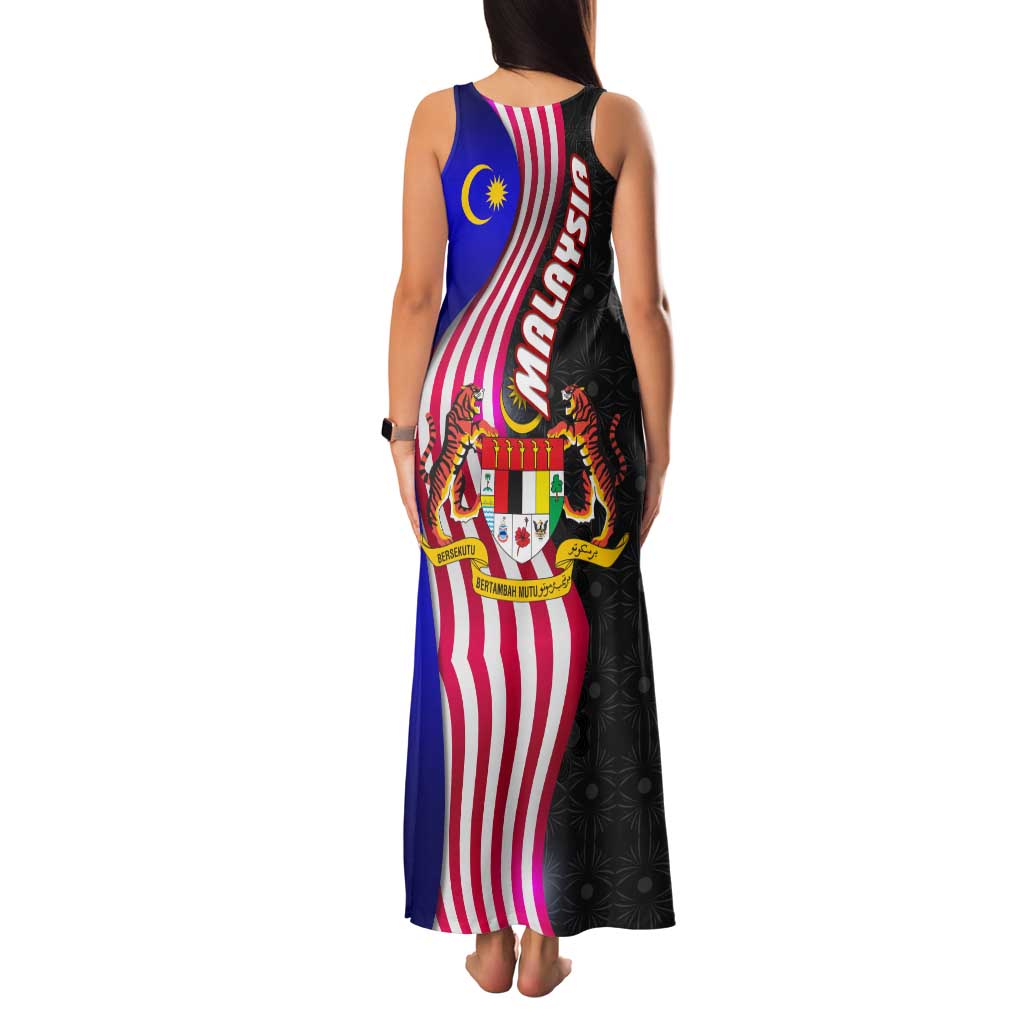 Malaysia Coat of Arms Family Matching Tank Maxi Dress and Hawaiian Shirt with National Flag and Black Batik Pattern