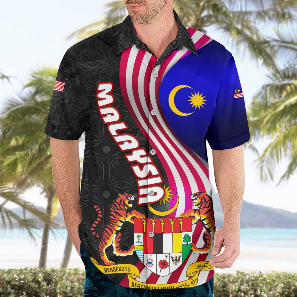 Malaysia Coat of Arms Hawaiian Shirt with National Flag and Black Batik Pattern