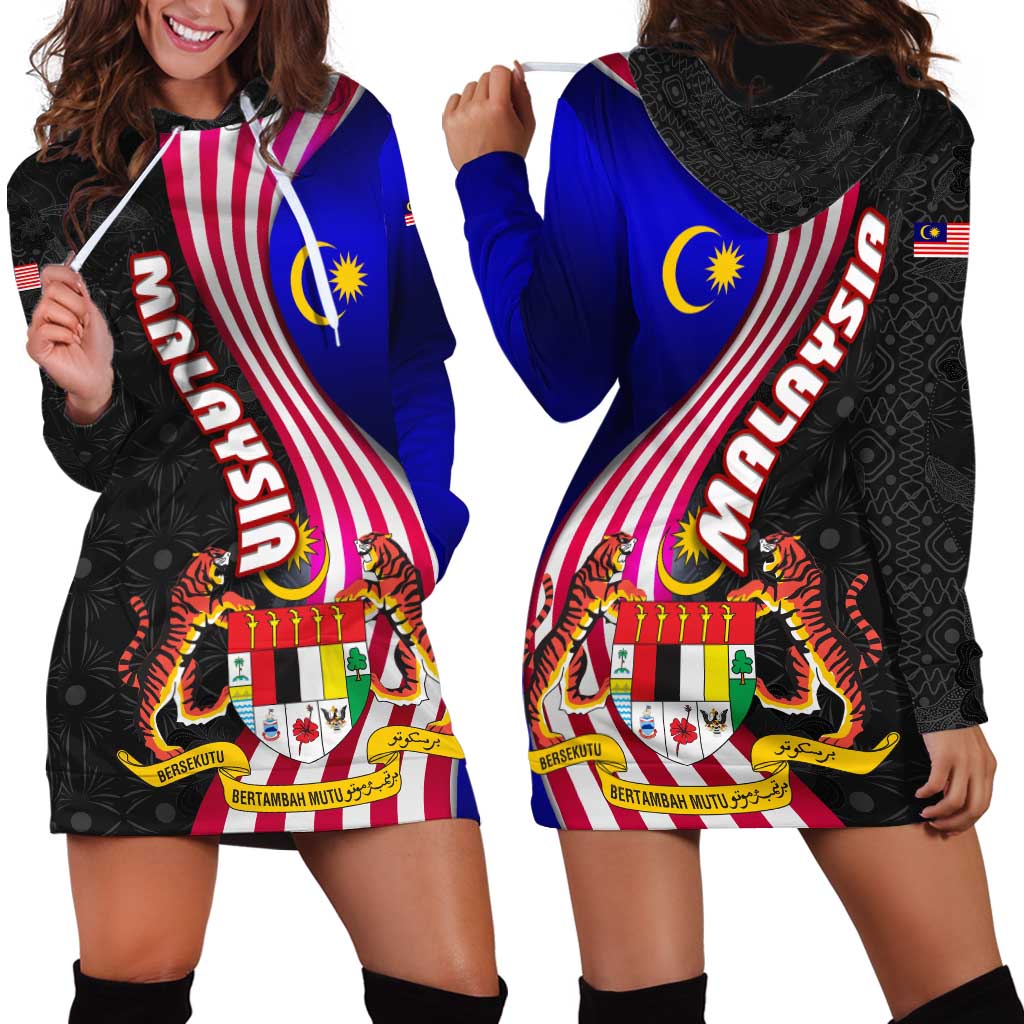 Malaysia Coat of Arms Hoodie Dress with National Flag and Black Batik Pattern