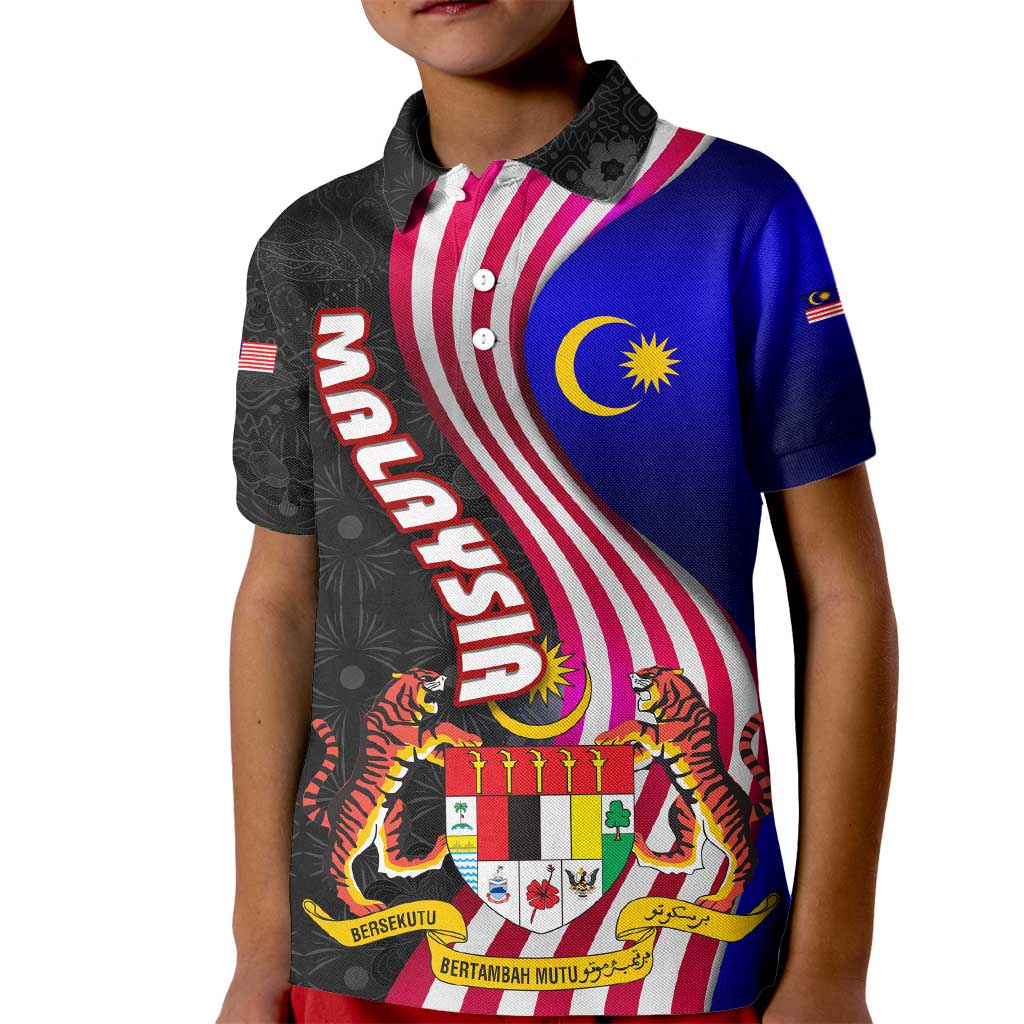 Malaysia Coat of Arms Kid Polo Shirt with National Flag and Black Batik Pattern