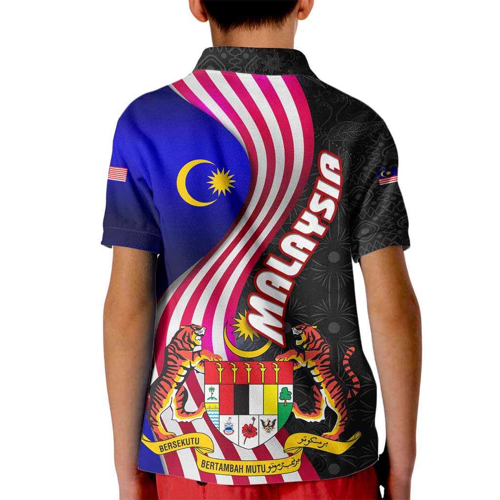 Malaysia Coat of Arms Kid Polo Shirt with National Flag and Black Batik Pattern