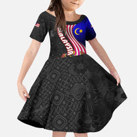 Malaysia Coat of Arms Kid Short Sleeve Dress with National Flag and Black Batik Pattern