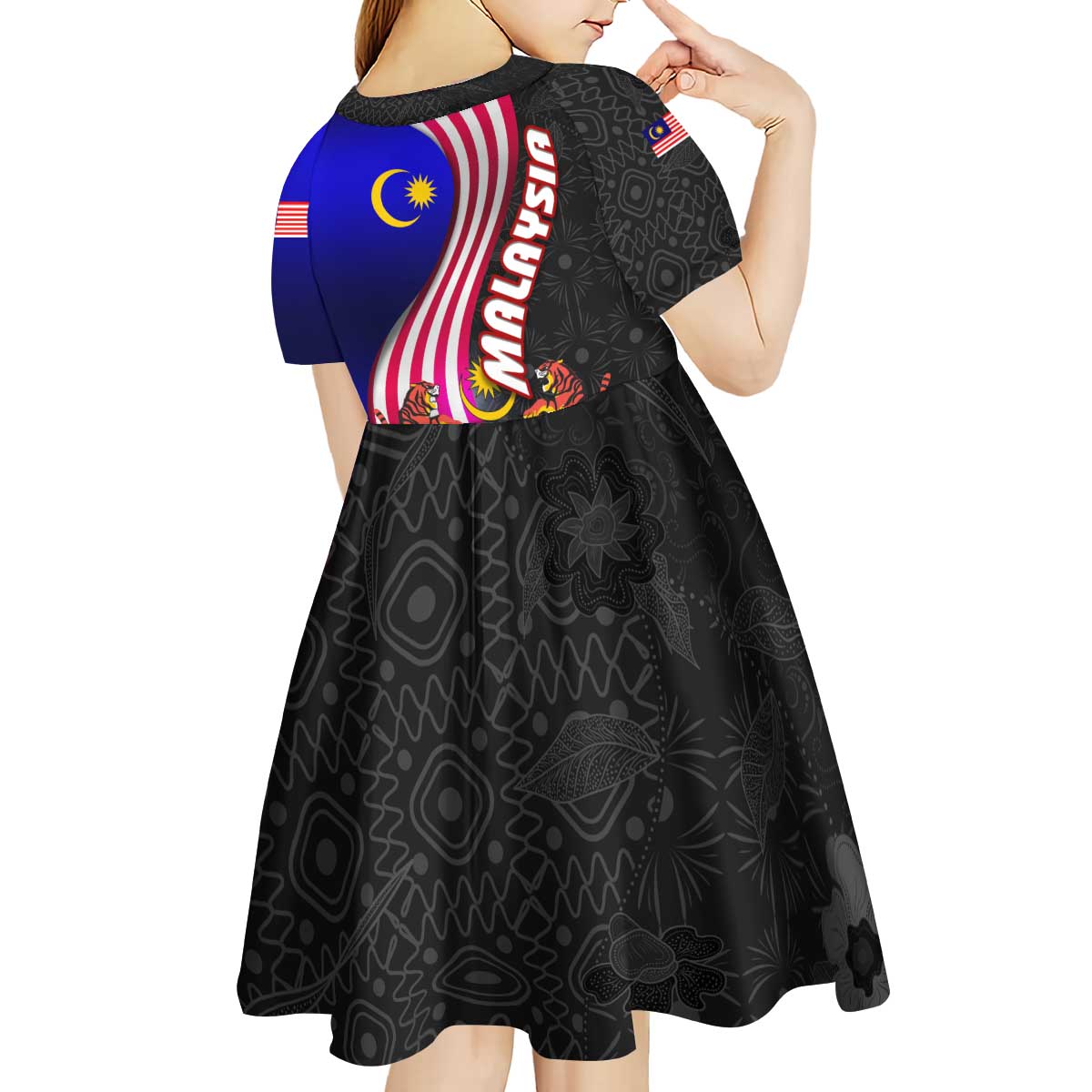 Malaysia Coat of Arms Kid Short Sleeve Dress with National Flag and Black Batik Pattern