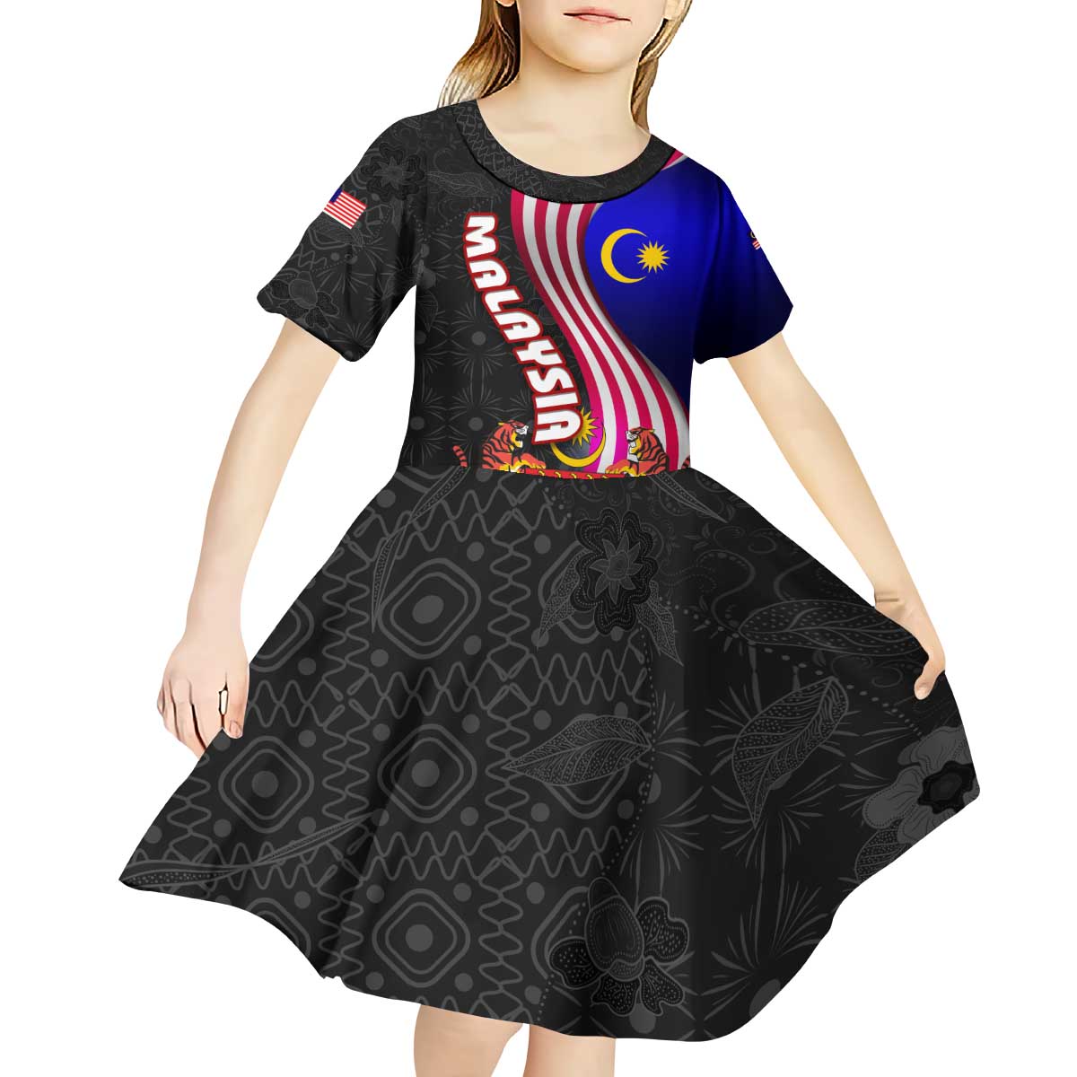 Malaysia Coat of Arms Kid Short Sleeve Dress with National Flag and Black Batik Pattern