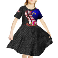Malaysia Coat of Arms Kid Short Sleeve Dress with National Flag and Black Batik Pattern