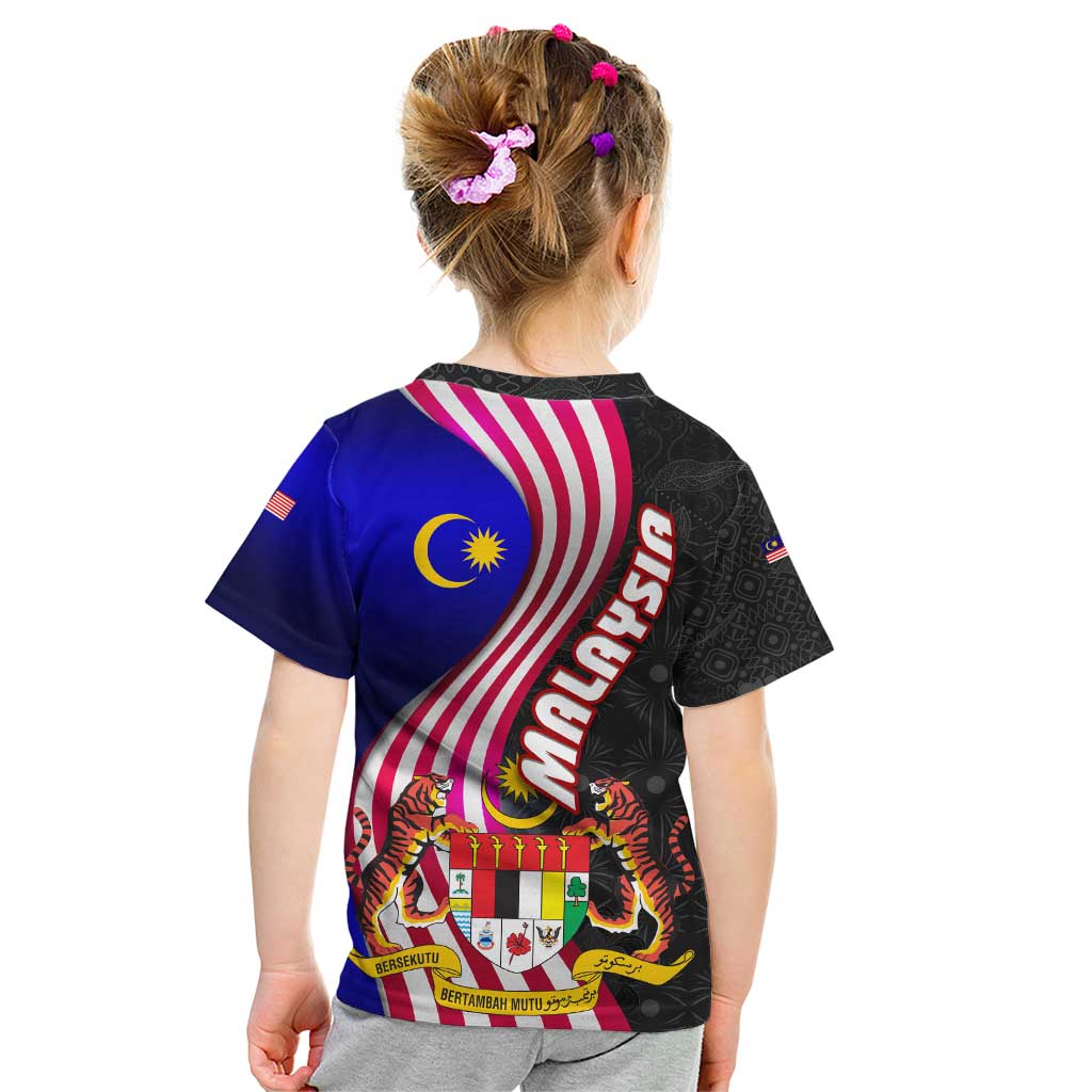 Malaysia Coat of Arms Kid T Shirt with National Flag and Black Batik Pattern