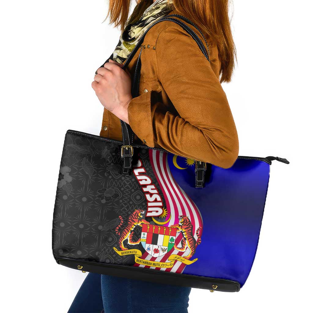 Malaysia Coat of Arms Leather Tote Bag with National Flag and Black Batik Pattern