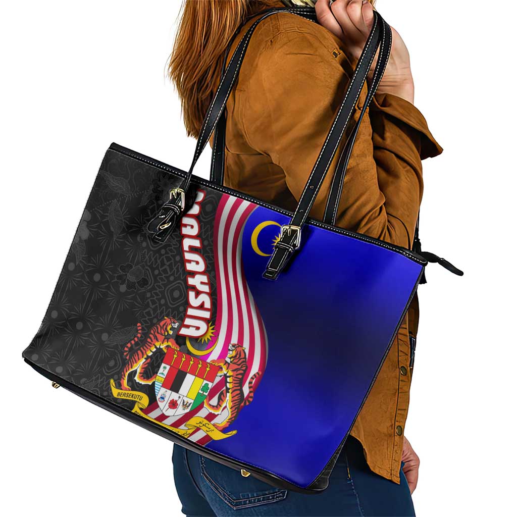 Malaysia Coat of Arms Leather Tote Bag with National Flag and Black Batik Pattern