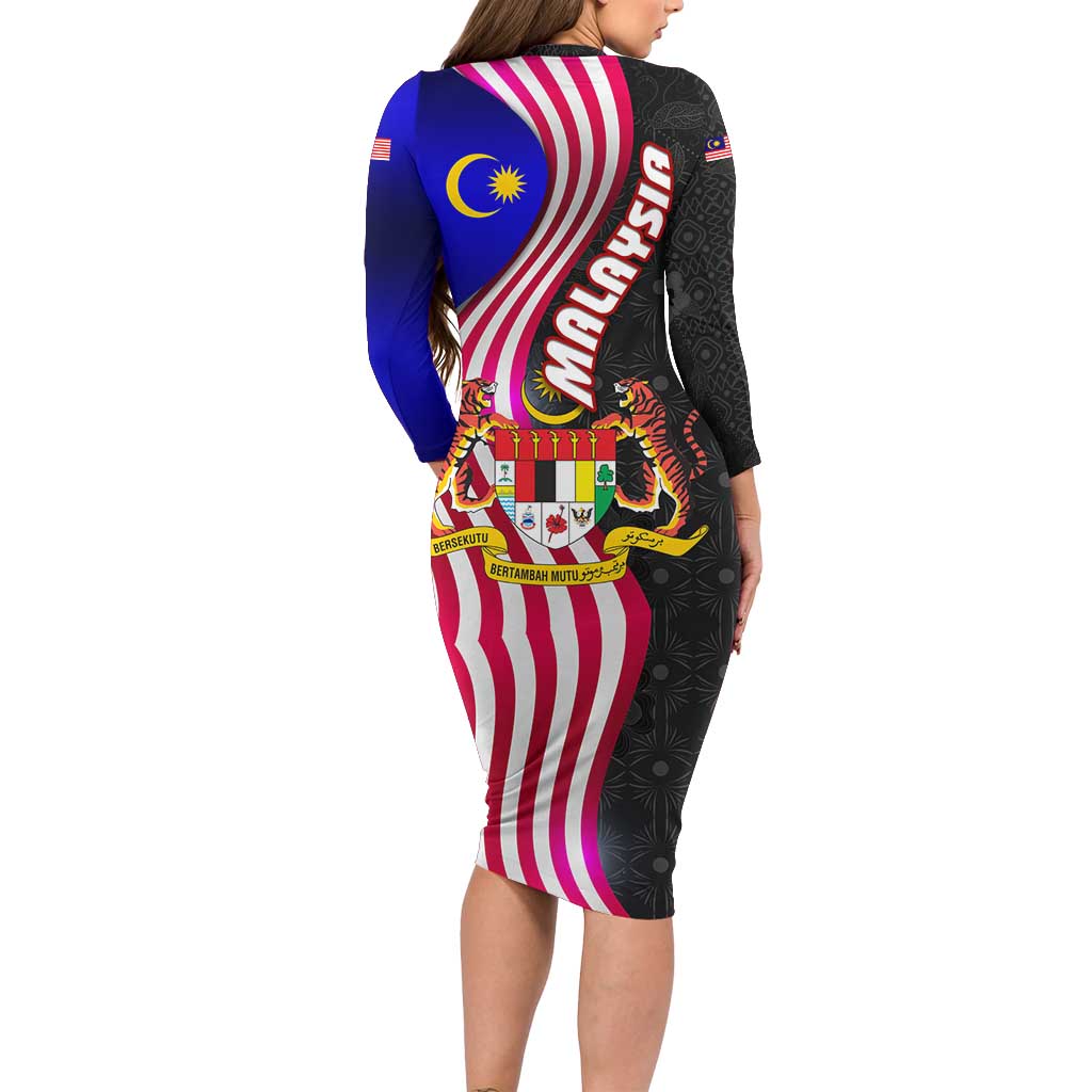 Malaysia Coat of Arms Long Sleeve Bodycon Dress with National Flag and Black Batik Pattern