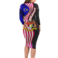 Malaysia Coat of Arms Long Sleeve Bodycon Dress with National Flag and Black Batik Pattern