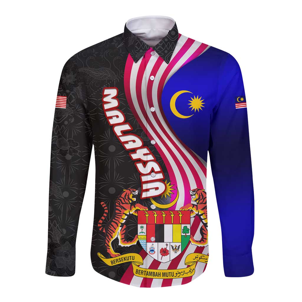 Malaysia Coat of Arms Long Sleeve Button Shirt with National Flag and Black Batik Pattern