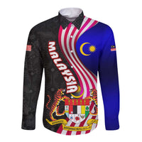 Malaysia Coat of Arms Long Sleeve Button Shirt with National Flag and Black Batik Pattern