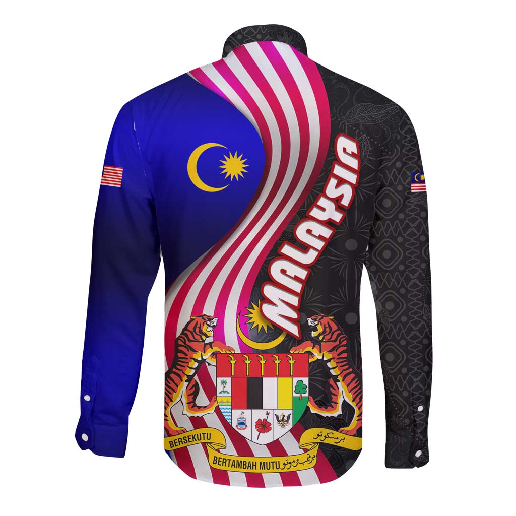 Malaysia Coat of Arms Long Sleeve Button Shirt with National Flag and Black Batik Pattern