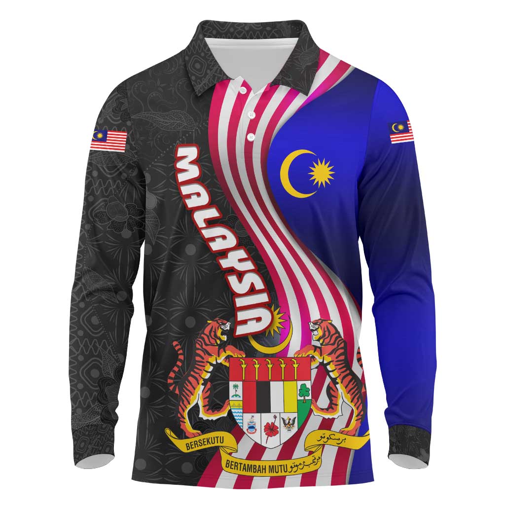 Malaysia Coat of Arms Long Sleeve Polo Shirt with National Flag and Black Batik Pattern