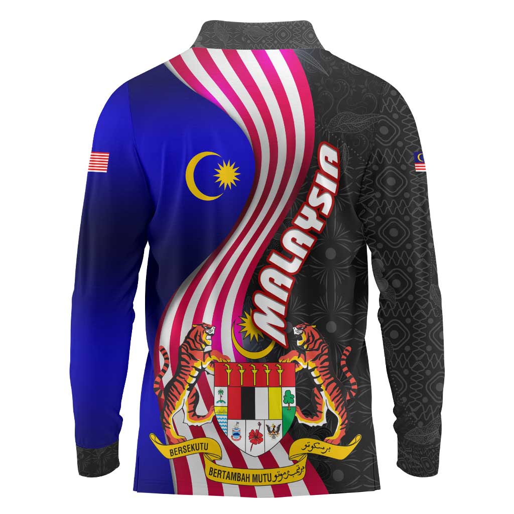 Malaysia Coat of Arms Long Sleeve Polo Shirt with National Flag and Black Batik Pattern