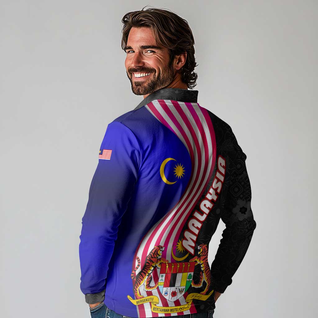 Malaysia Coat of Arms Long Sleeve Polo Shirt with National Flag and Black Batik Pattern