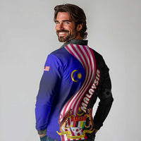 Malaysia Coat of Arms Long Sleeve Polo Shirt with National Flag and Black Batik Pattern