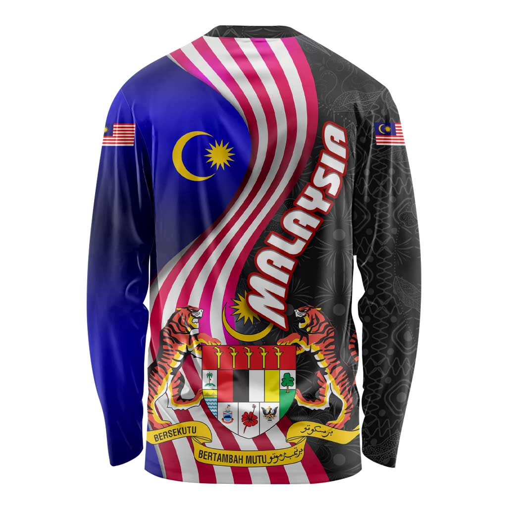 Malaysia Coat of Arms Long Sleeve Shirt with National Flag and Black Batik Pattern