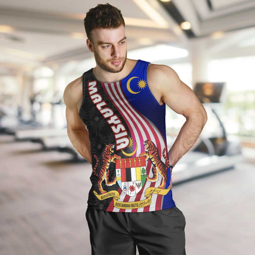 Malaysia Coat of Arms Men Tank Top with National Flag and Black Batik Pattern