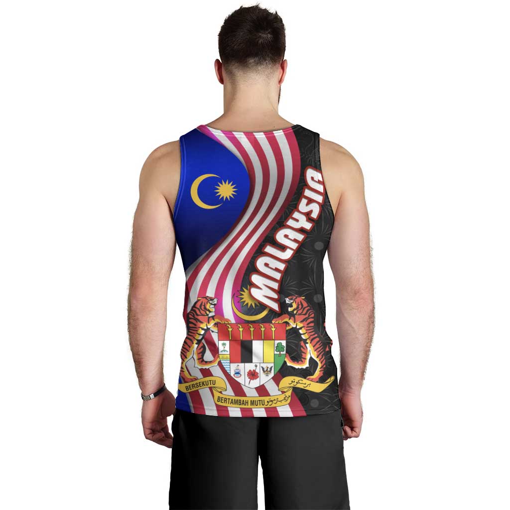 Malaysia Coat of Arms Men Tank Top with National Flag and Black Batik Pattern
