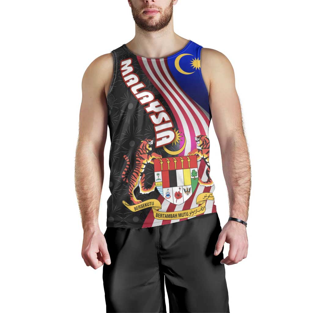 Malaysia Coat of Arms Men Tank Top with National Flag and Black Batik Pattern