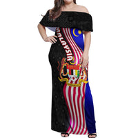 Malaysia Coat of Arms Off Shoulder Maxi Dress with National Flag and Black Batik Pattern