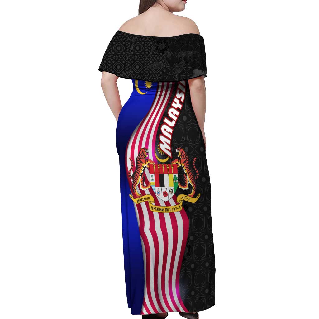 Malaysia Coat of Arms Off Shoulder Maxi Dress with National Flag and Black Batik Pattern
