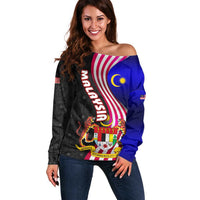 Malaysia Coat of Arms Off Shoulder Sweater with National Flag and Black Batik Pattern