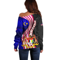 Malaysia Coat of Arms Off Shoulder Sweater with National Flag and Black Batik Pattern