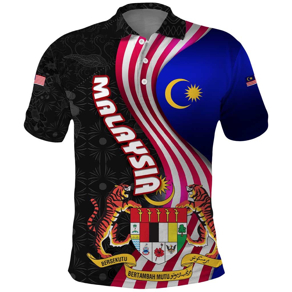 Malaysia Coat of Arms Polo Shirt with National Flag and Black Batik Pattern