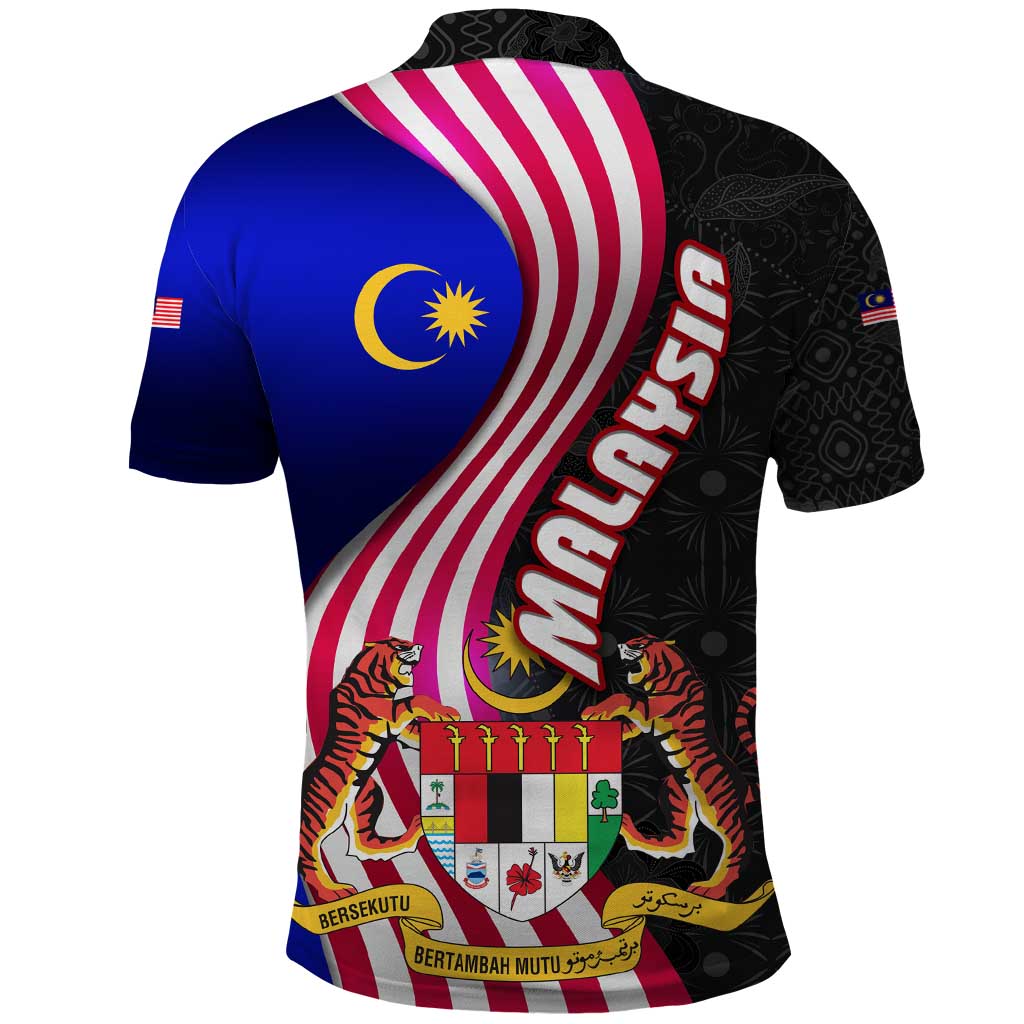 Malaysia Coat of Arms Polo Shirt with National Flag and Black Batik Pattern