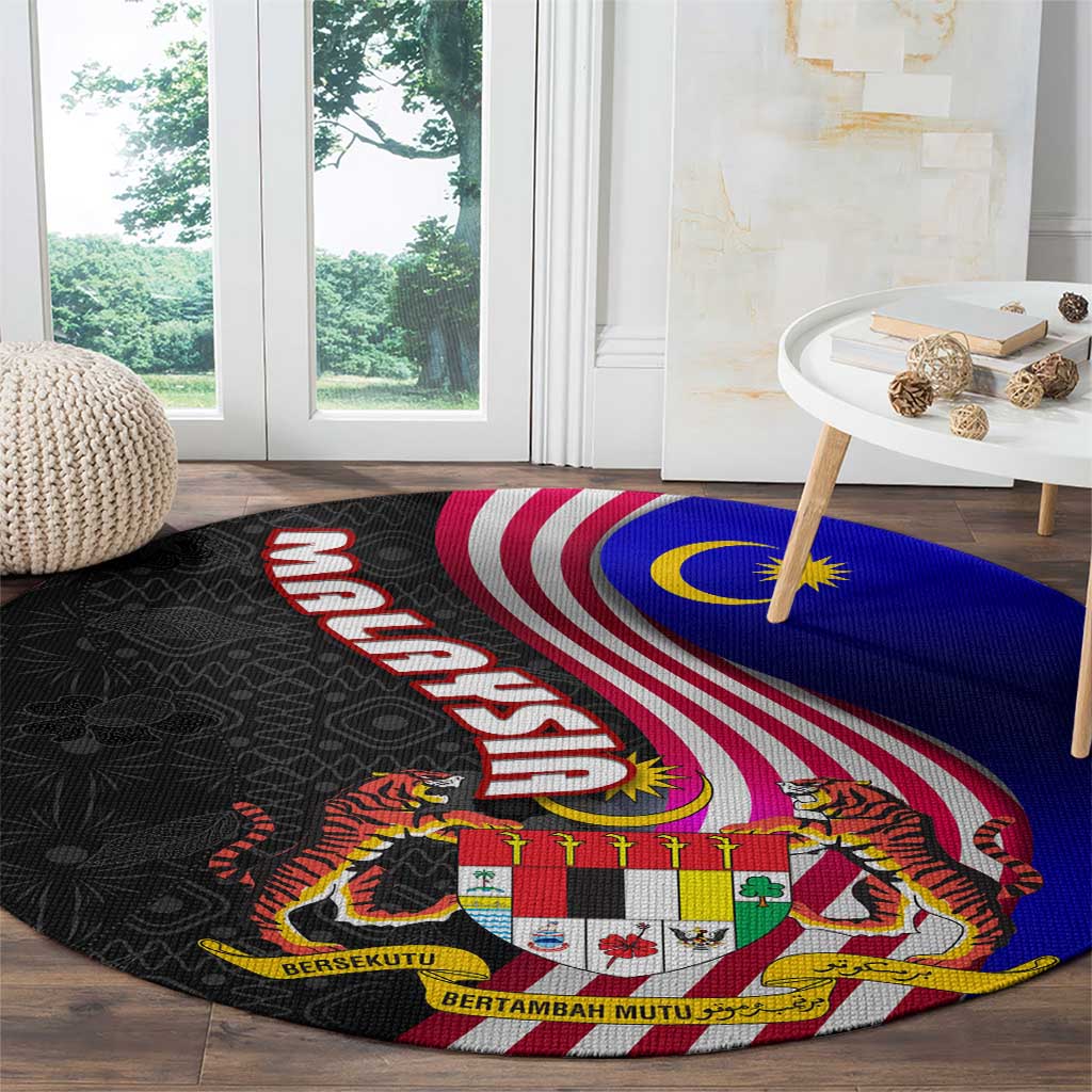 Malaysia Coat of Arms Round Carpet with National Flag and Black Batik Pattern