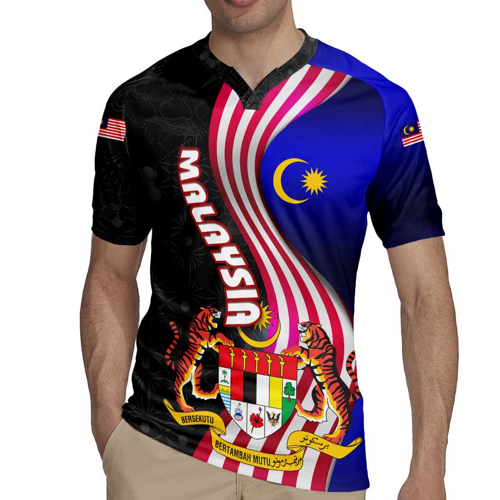 Malaysia Coat of Arms Rugby Jersey with National Flag and Black Batik Pattern