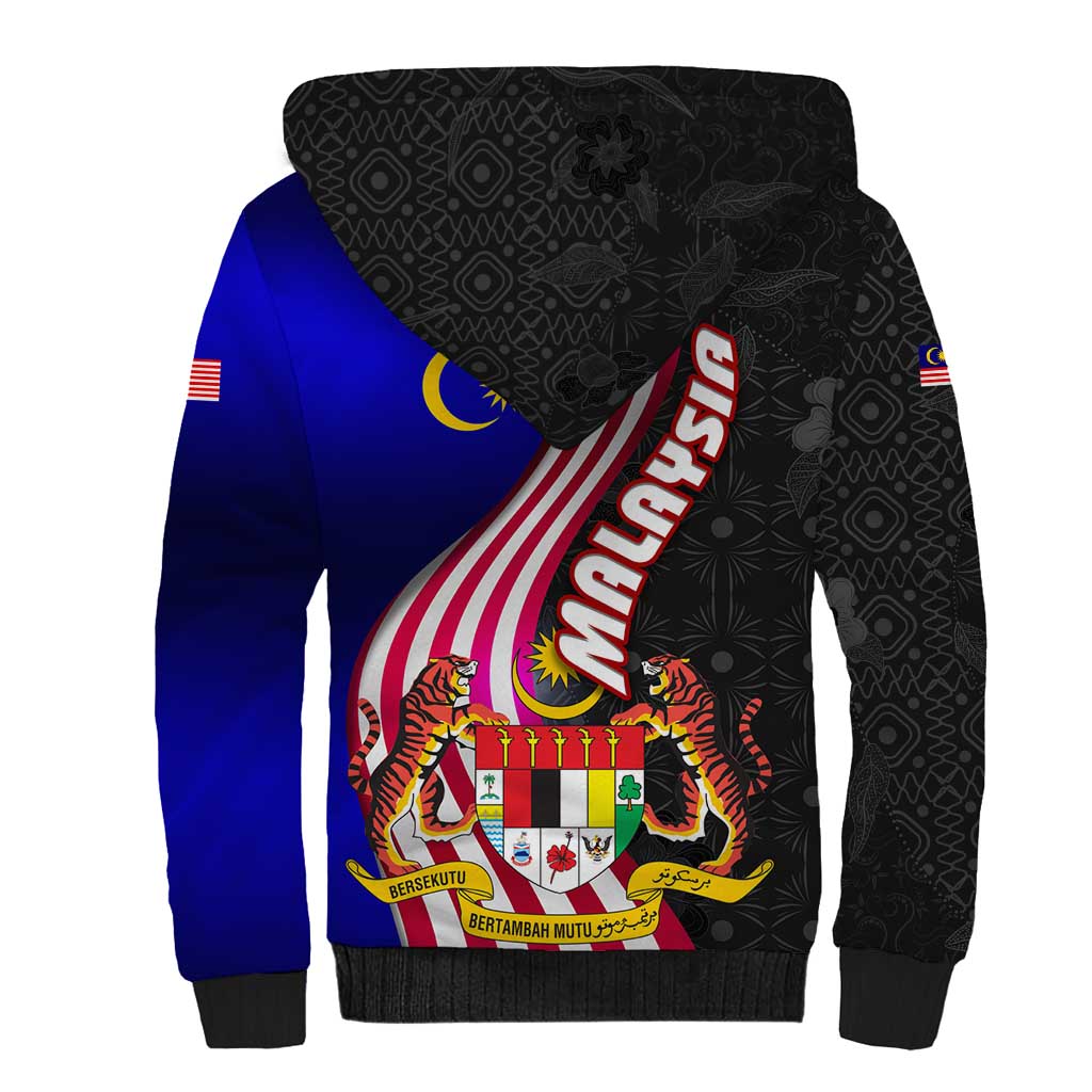 Malaysia Coat of Arms Sherpa Hoodie with National Flag and Black Batik Pattern