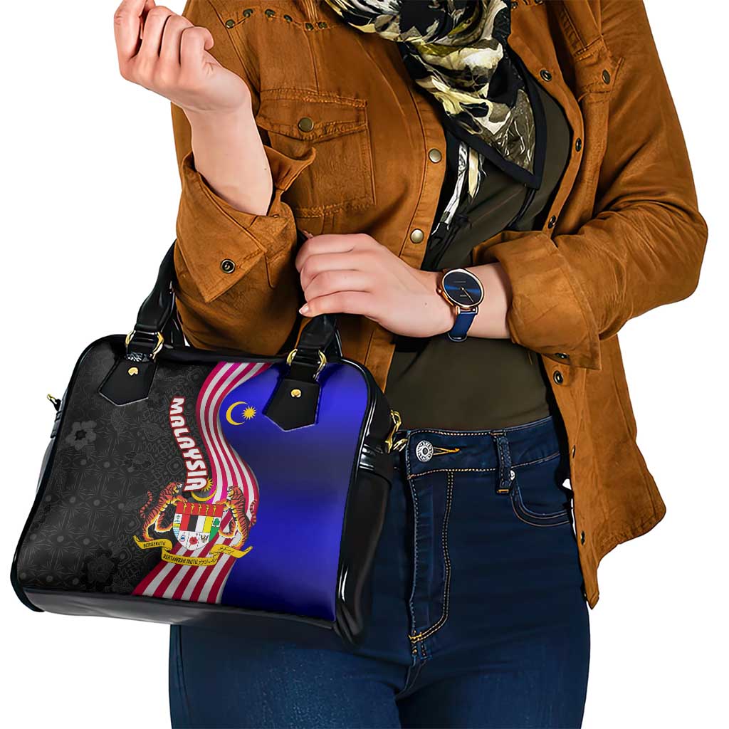 Malaysia Coat of Arms Shoulder Handbag with National Flag and Black Batik Pattern