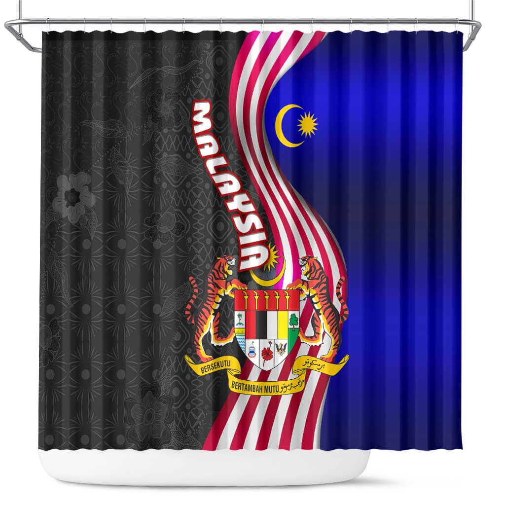 Malaysia Coat of Arms Shower Curtain with National Flag and Black Batik Pattern