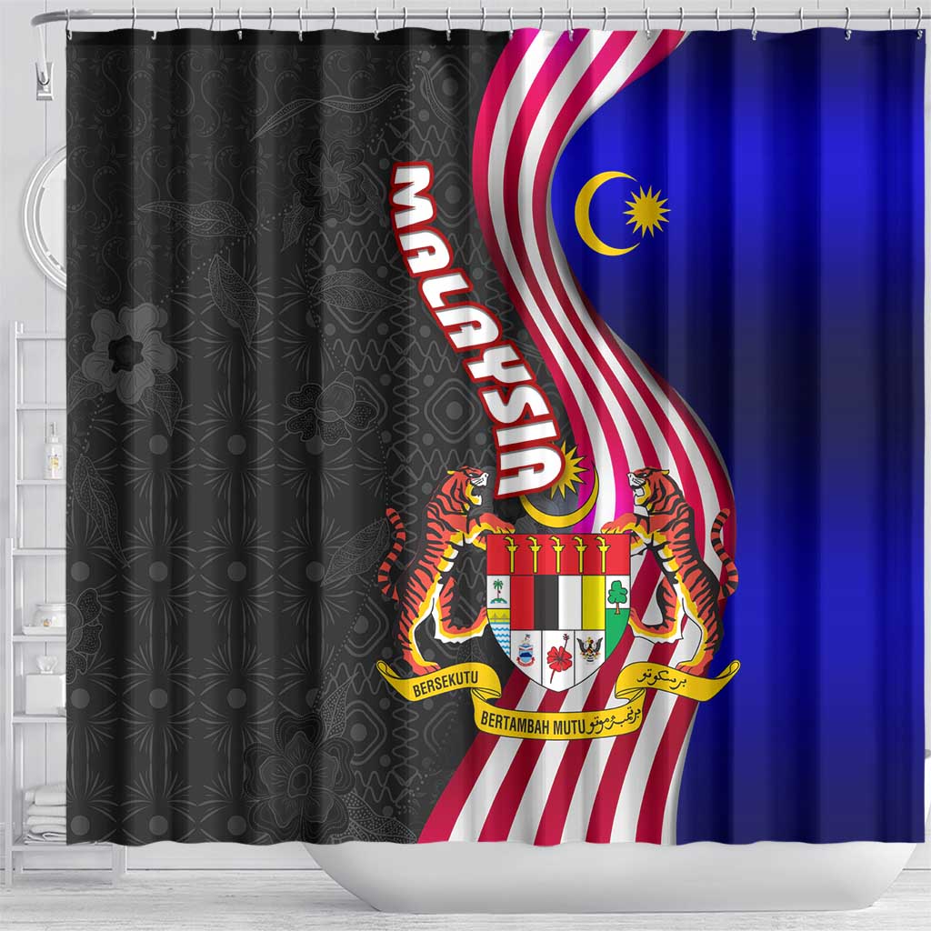 Malaysia Coat of Arms Shower Curtain with National Flag and Black Batik Pattern