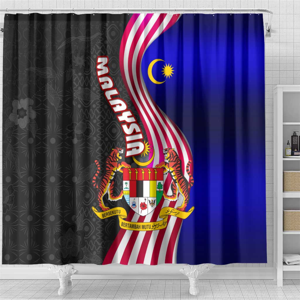 Malaysia Coat of Arms Shower Curtain with National Flag and Black Batik Pattern