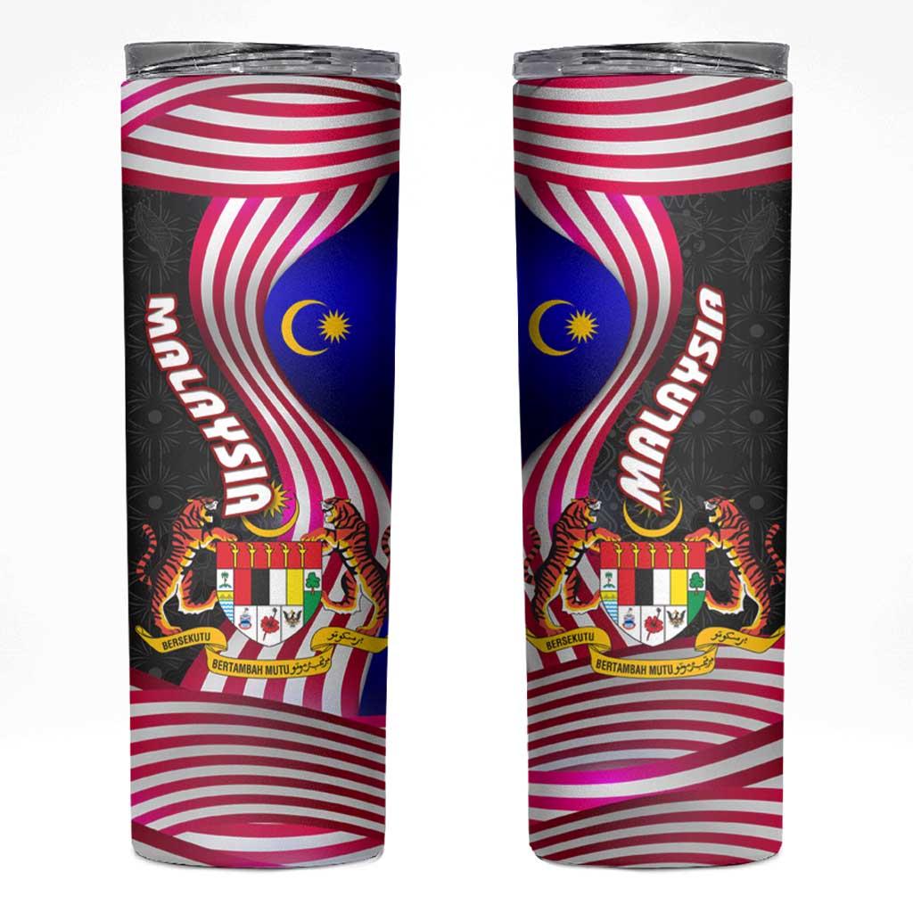 Malaysia Coat of Arms Skinny Tumbler with National Flag and Black Batik Pattern