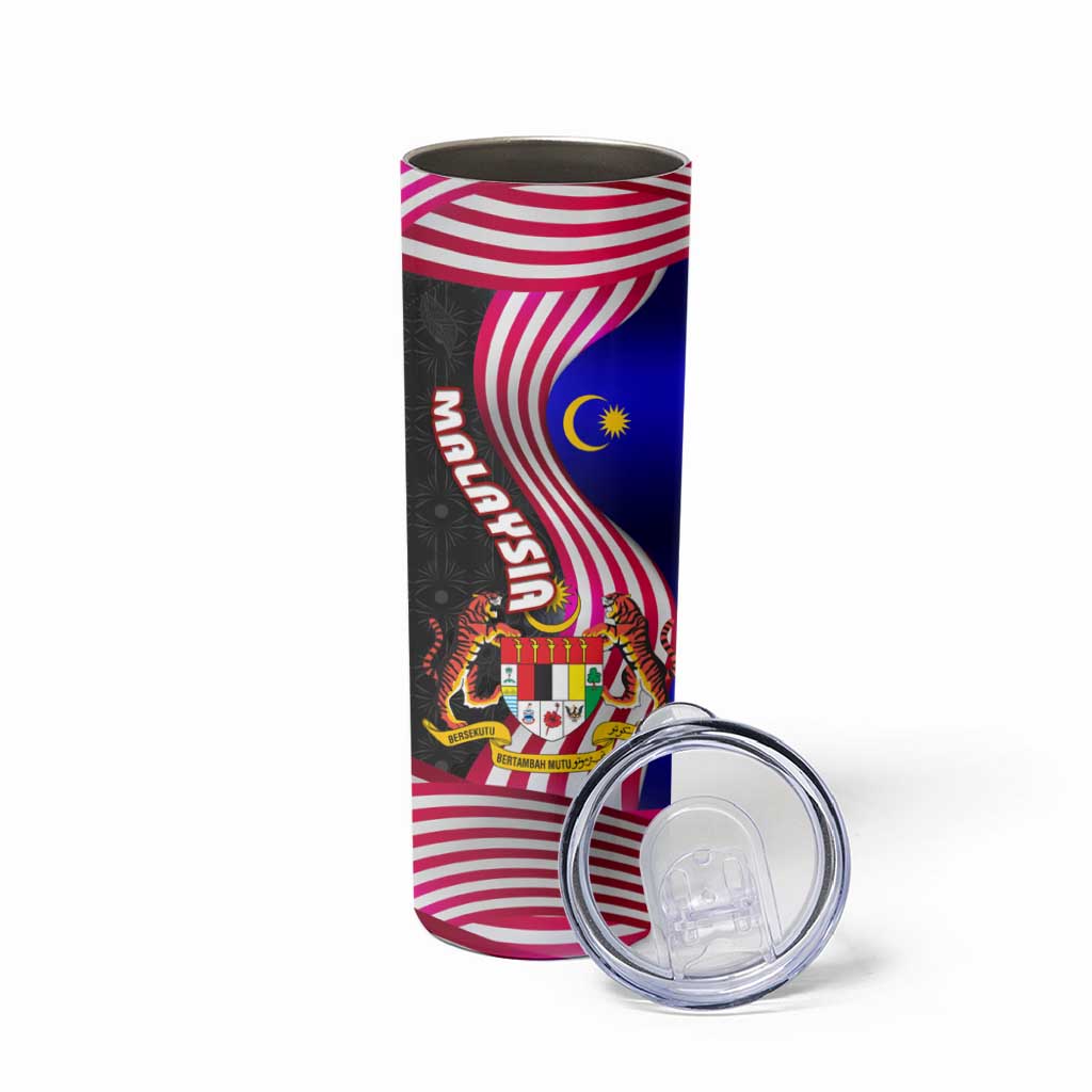 Malaysia Coat of Arms Skinny Tumbler with National Flag and Black Batik Pattern