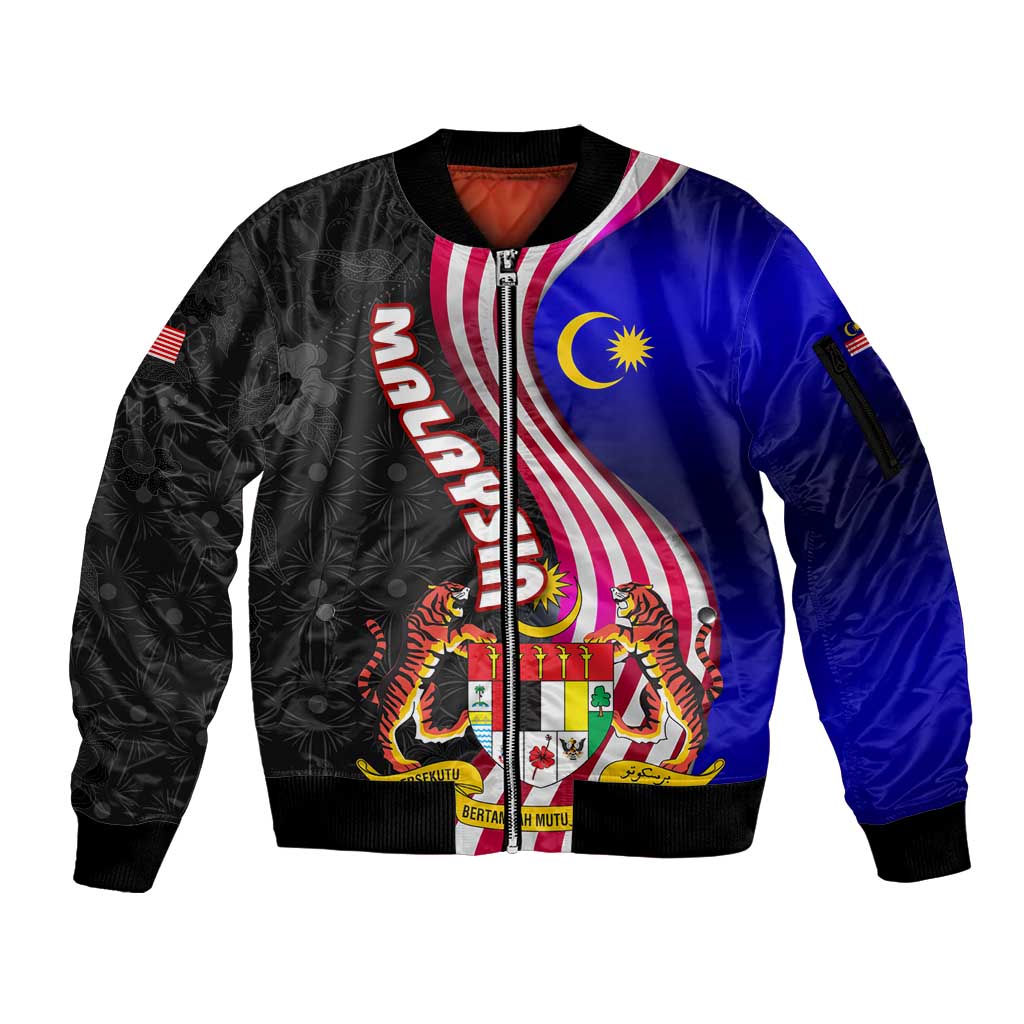 Malaysia Coat of Arms Sleeve Zip Bomber Jacket with National Flag and Black Batik Pattern