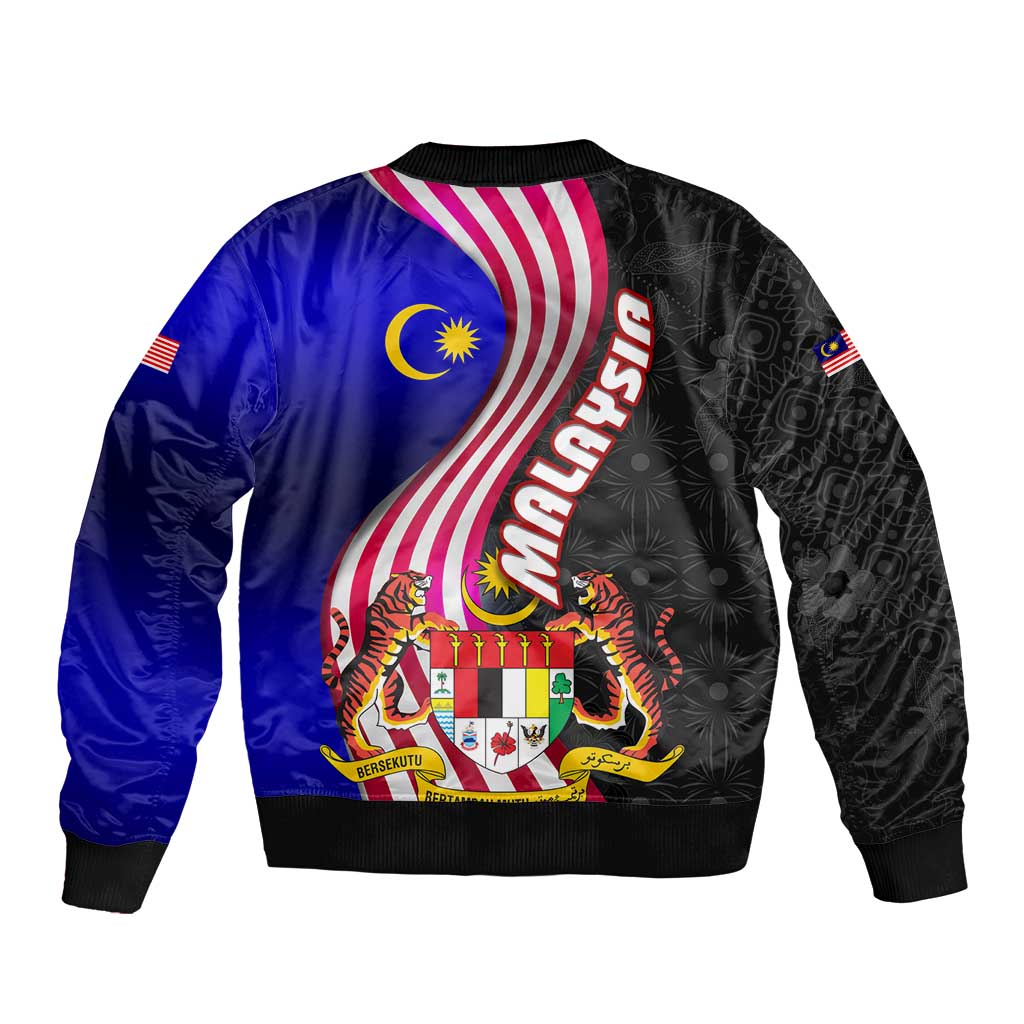 Malaysia Coat of Arms Sleeve Zip Bomber Jacket with National Flag and Black Batik Pattern