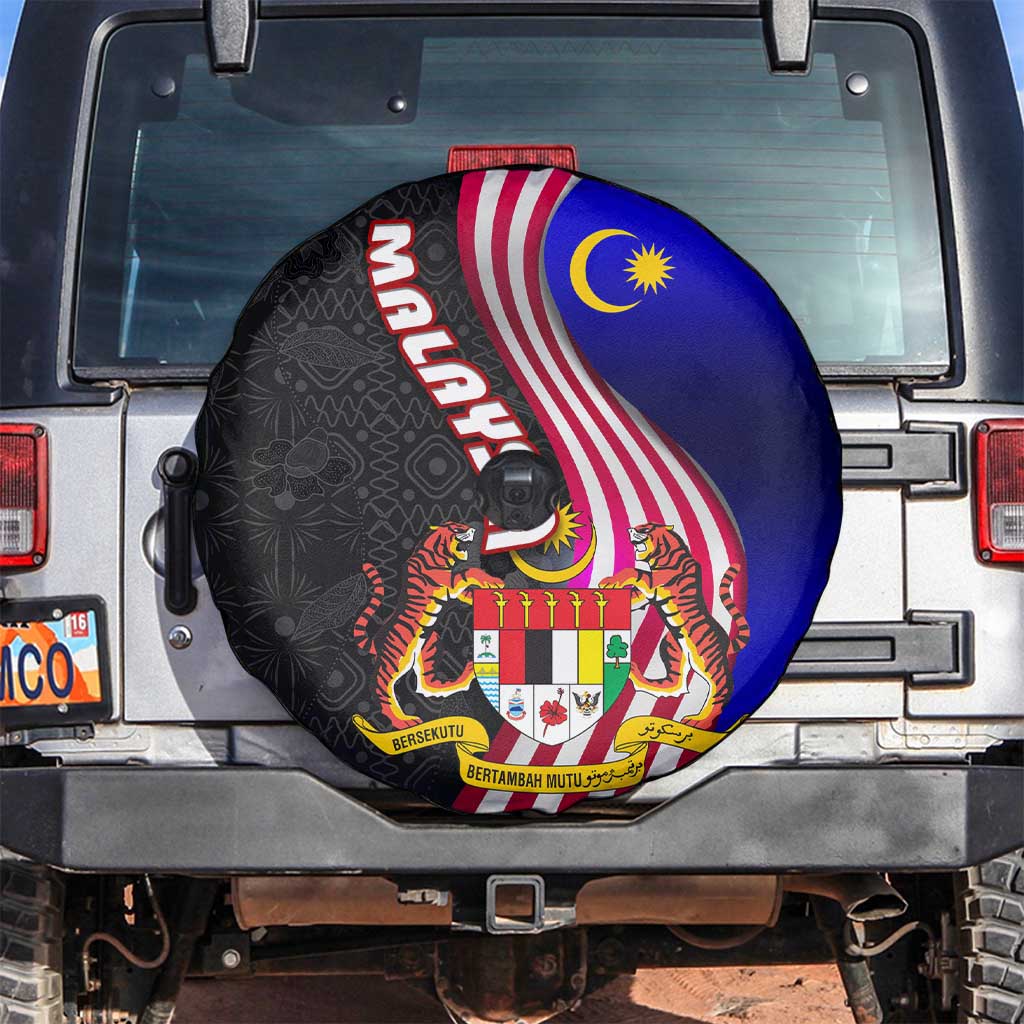 Malaysia Coat of Arms Spare Tire Cover with National Flag and Black Batik Pattern