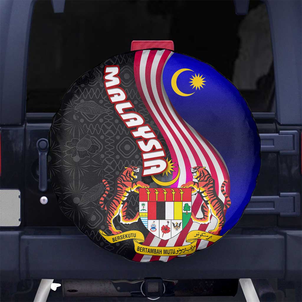 Malaysia Coat of Arms Spare Tire Cover with National Flag and Black Batik Pattern