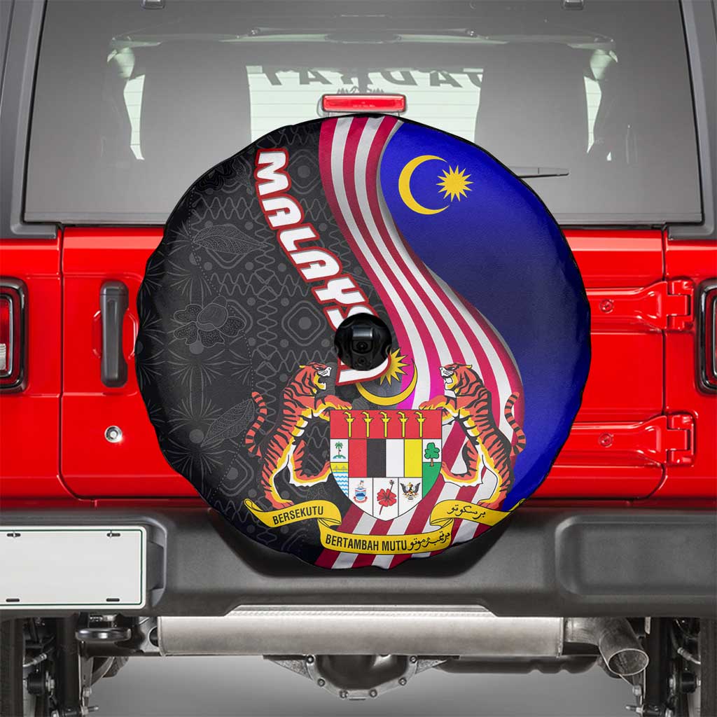 Malaysia Coat of Arms Spare Tire Cover with National Flag and Black Batik Pattern