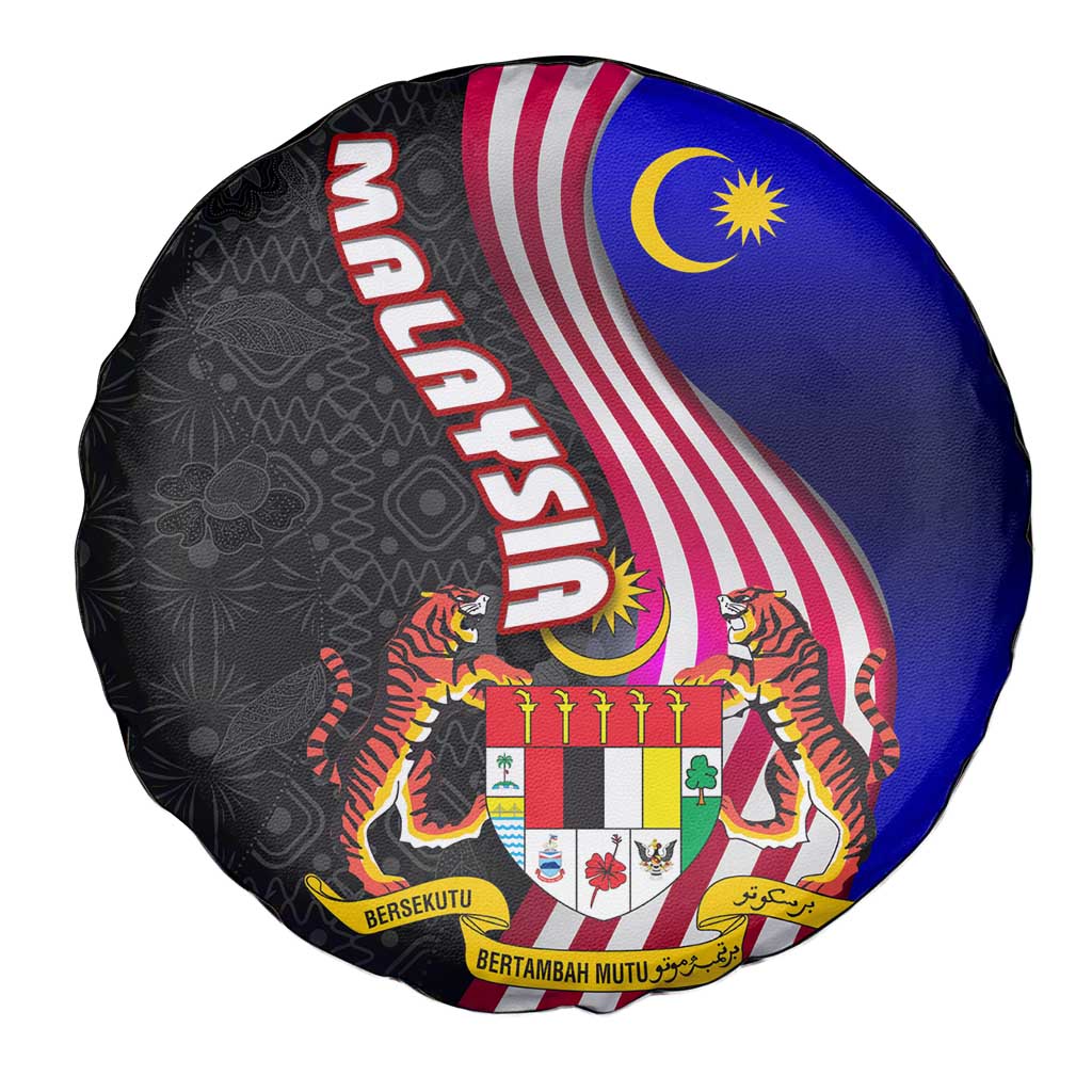 Malaysia Coat of Arms Spare Tire Cover with National Flag and Black Batik Pattern