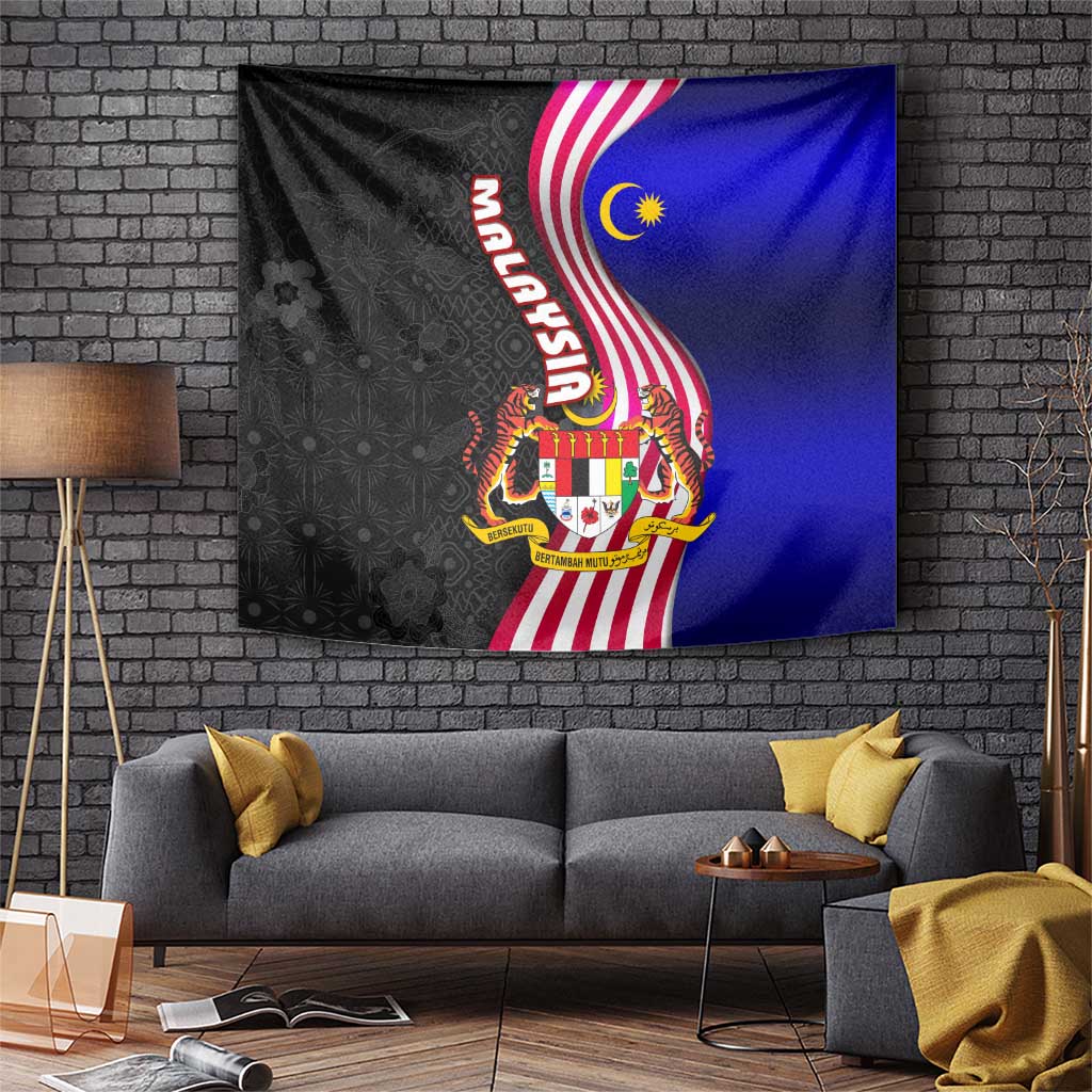 Malaysia Coat of Arms Tapestry with National Flag and Black Batik Pattern