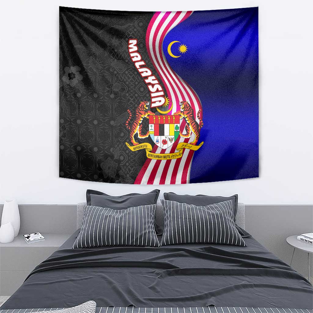 Malaysia Coat of Arms Tapestry with National Flag and Black Batik Pattern