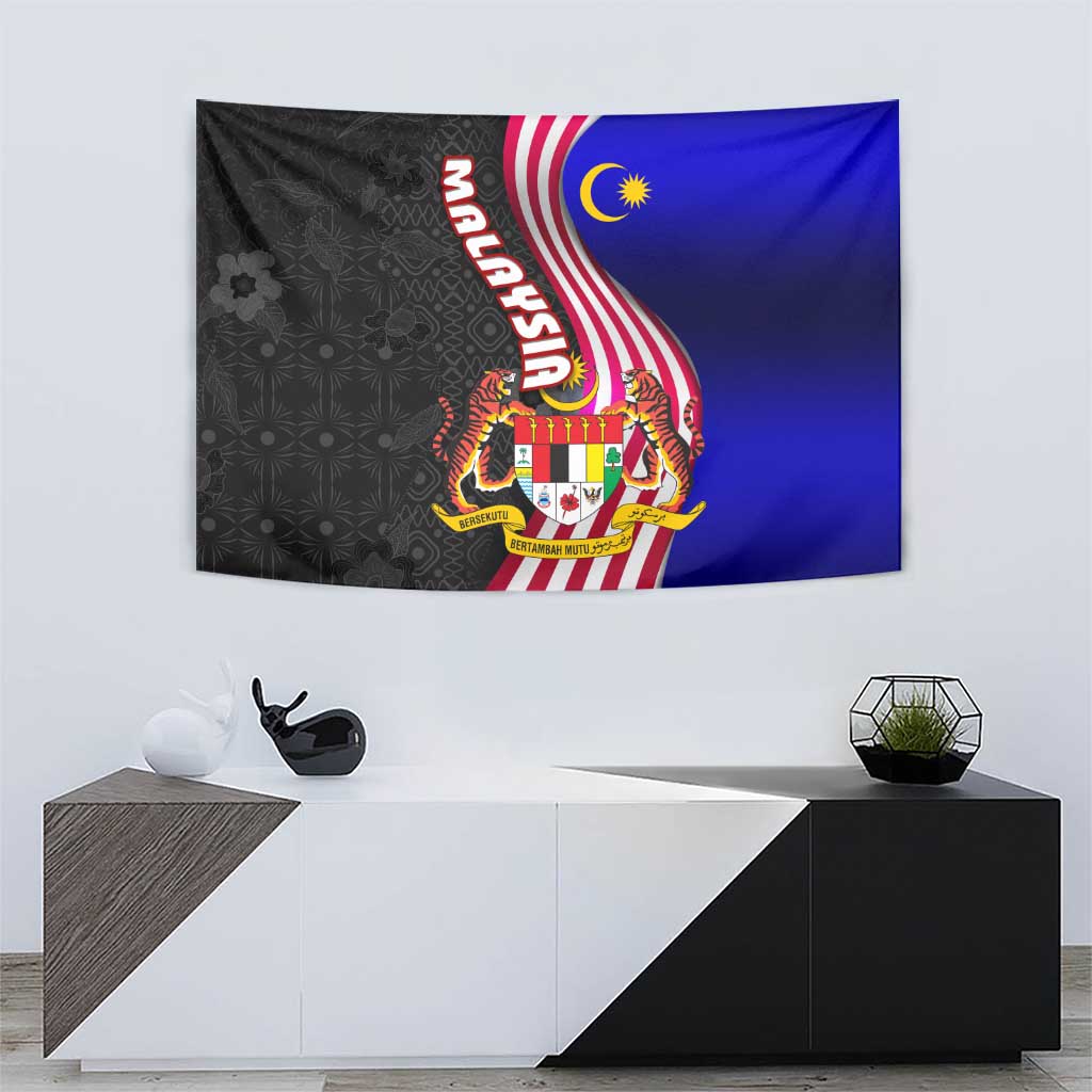 Malaysia Coat of Arms Tapestry with National Flag and Black Batik Pattern