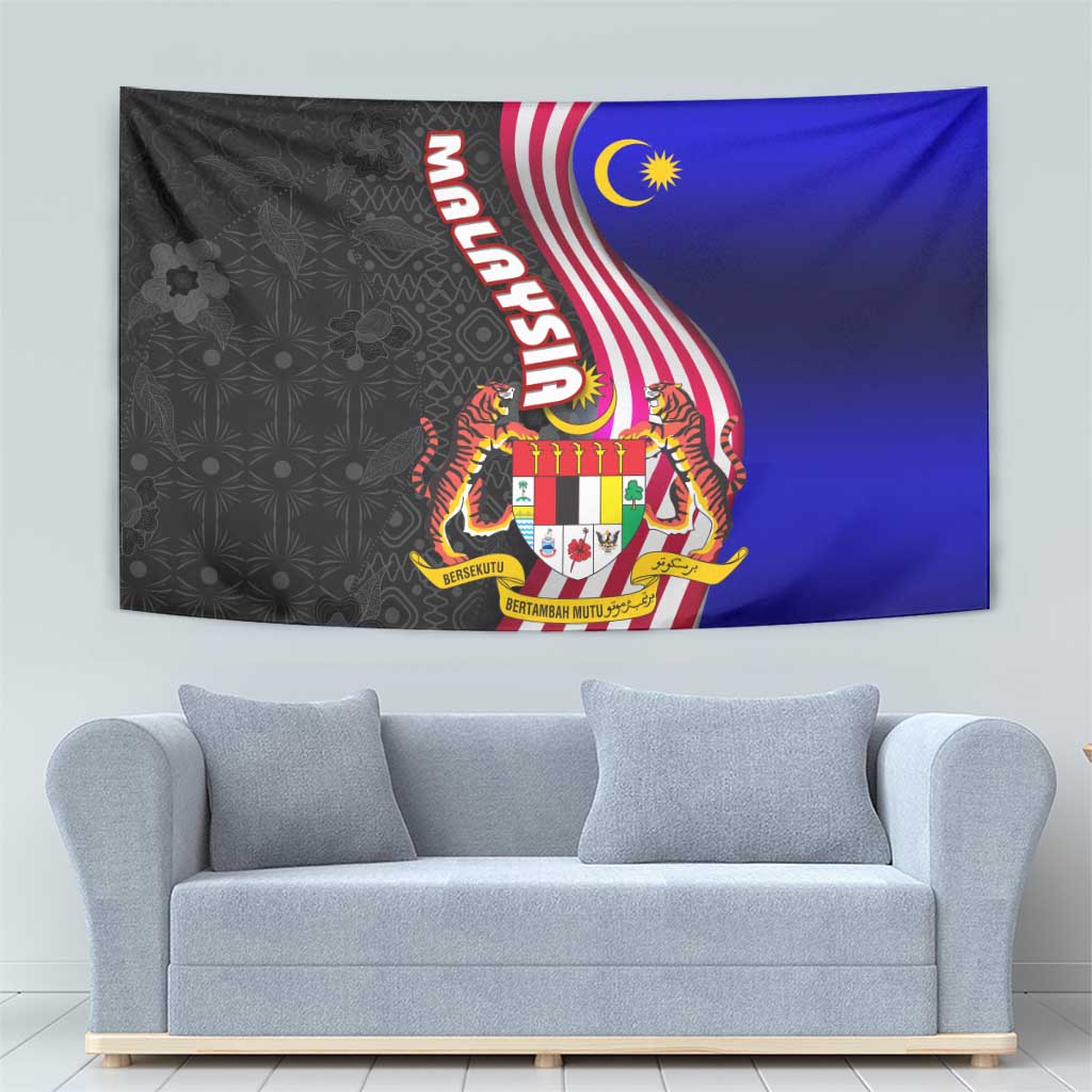 Malaysia Coat of Arms Tapestry with National Flag and Black Batik Pattern